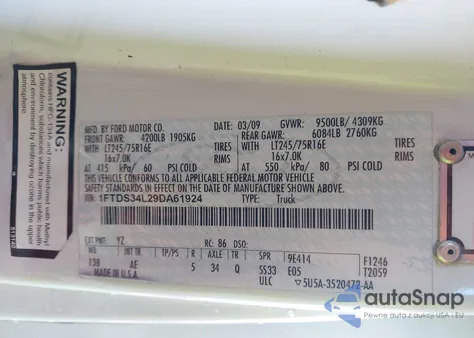 2009 Ford E-350 Super Duty Commercial/Recreational z USA, uszkodzony, nr VIN 1FTDS34L29DA61924